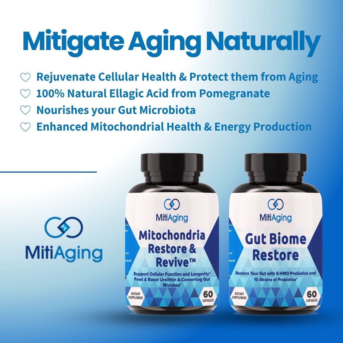 MitiAging Basic - Mitochondrial Restore & Revive + Gut Biome Restore Bundle Main Image 4 Major Benefits