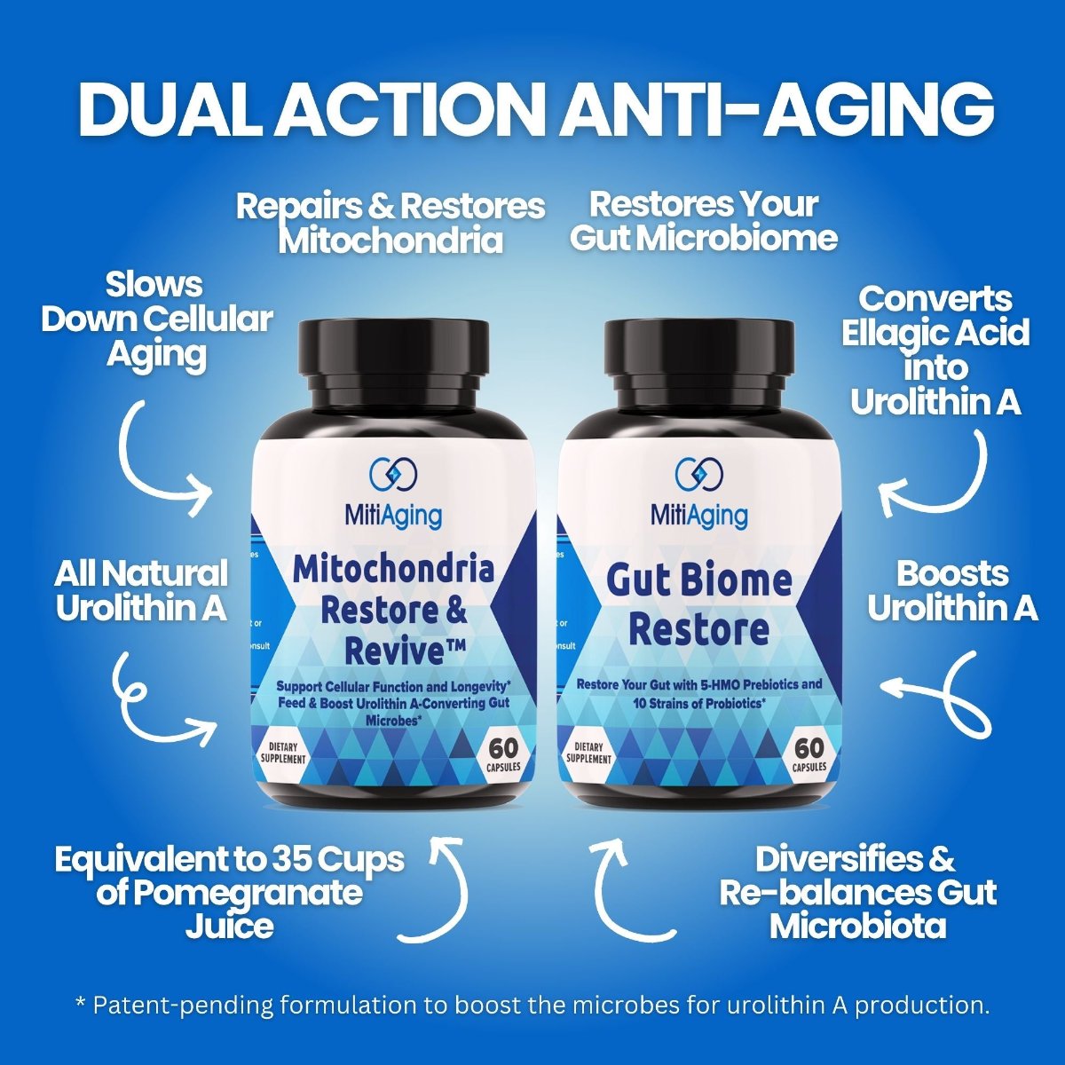 MitiAging Basic - Mitochondrial Restore & Revive + Gut Biome Restore Bundle - Dual Action All Natural Urolithin A